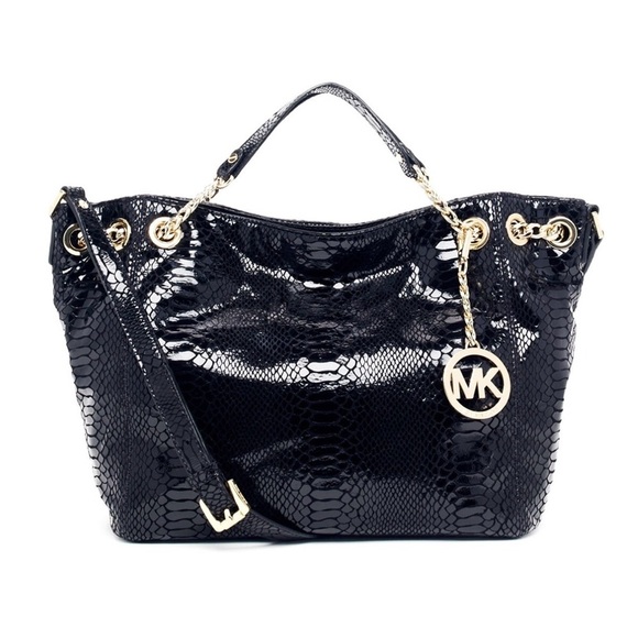 MICHAEL Michael Kors Jet Set Chain Python-Embossed Black Patent Shoulder Tote - Picture 1 of 16